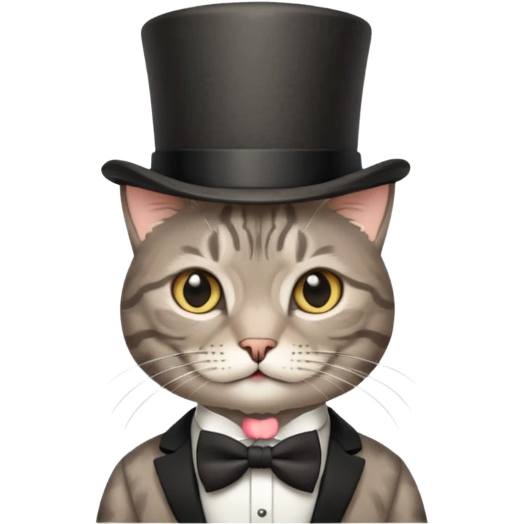 Grey tabby cat in top hat and bow tie emoji