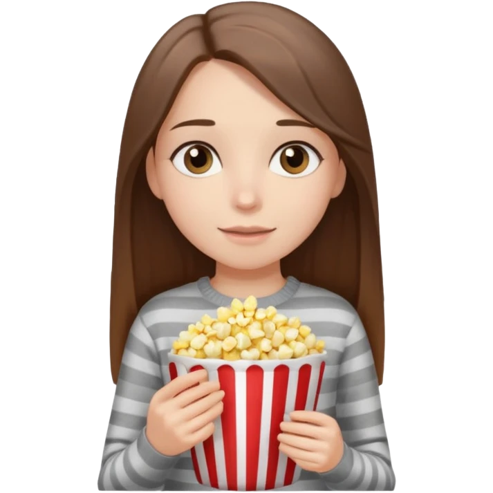 girl with straight long hair, striped light sweater, gray gray eyes, holding popcorn in her hands emoji