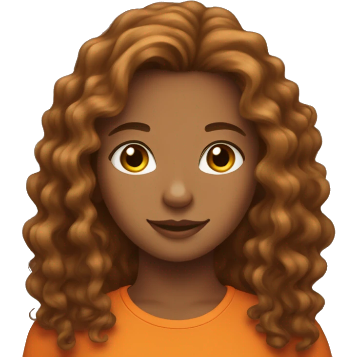 Tan Girl with long curly brunette hair with an orange cat emoji