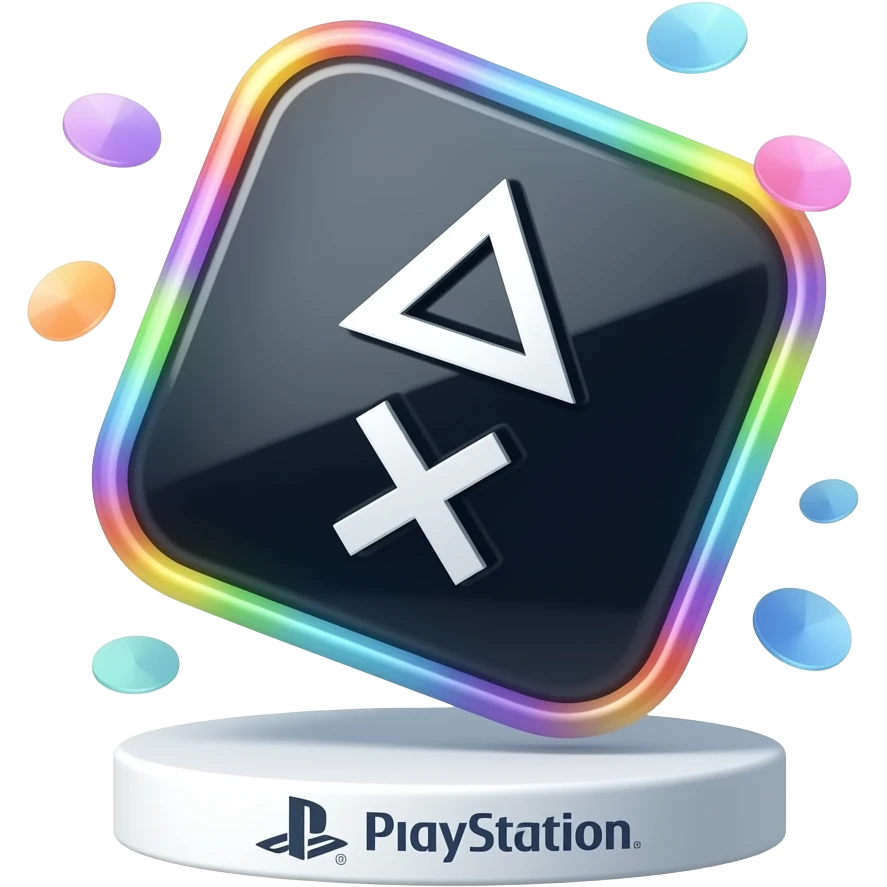 Square tilted 45 degrees game icon, dark glossy surface, large white PlayStation symbols triangle circle square cross centered, holographic rainbow glowing border edge, RGB colored discs floating around, white base stand below, PlayStation logo at bottom, dramatic light ray top right emoji