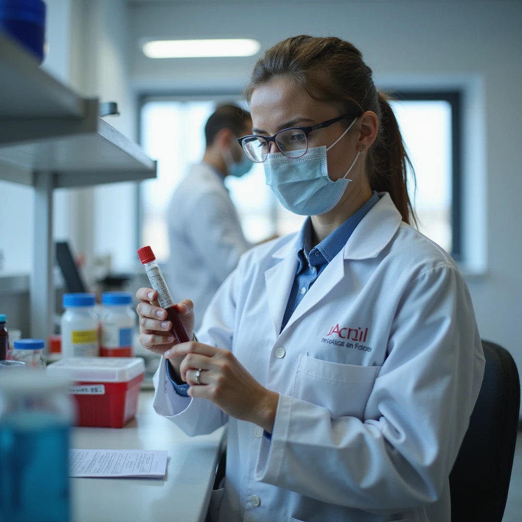 realistic doctor in lab coat performing or analyzing a blood sample collection in a clinical laboratory environment, blood test tube visible, laboratory instruments visible, clinical setting emoji
