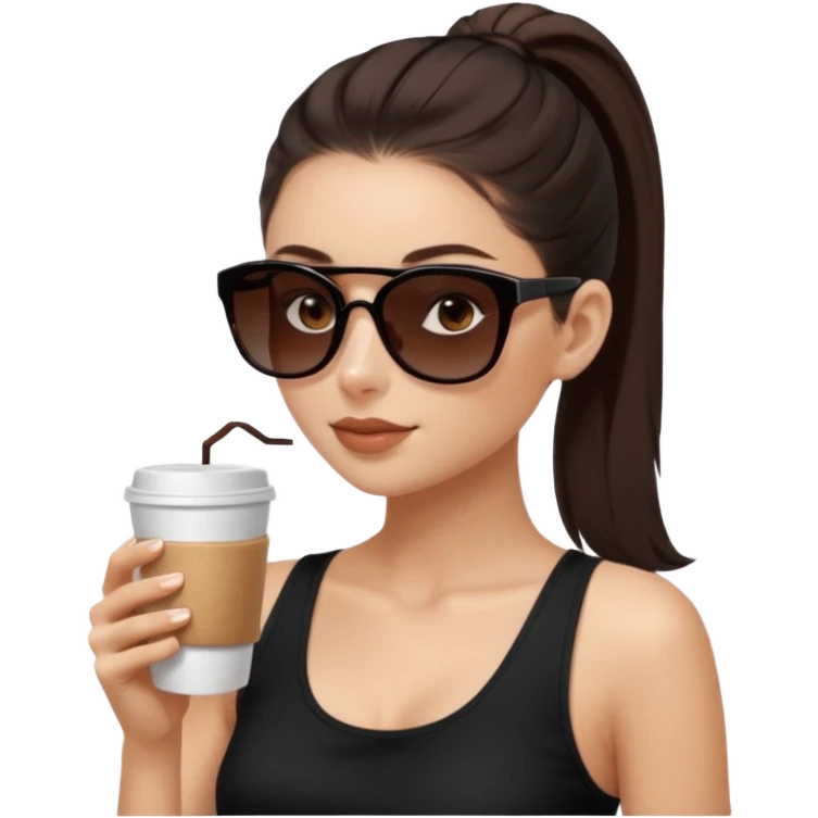 generate a pretty fair bratz girl with dark brown eyes, dark brown eyes tied into a slick back ponytail, thin brown sunglasses. Wearing a black cami top and drinking coffee, high cheekbones emoji