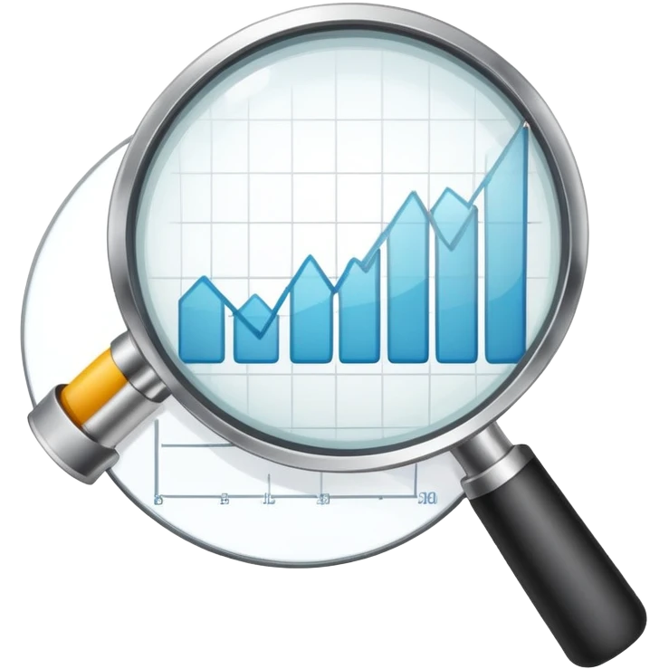 magnifying glass examining a downward trending chart, decreasing graph emoji