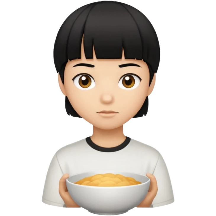 cabelo liso preto com volume no formato de tigela, olhos marrom escuros, camisa branca, pele morena mas mais branca do que morena emoji