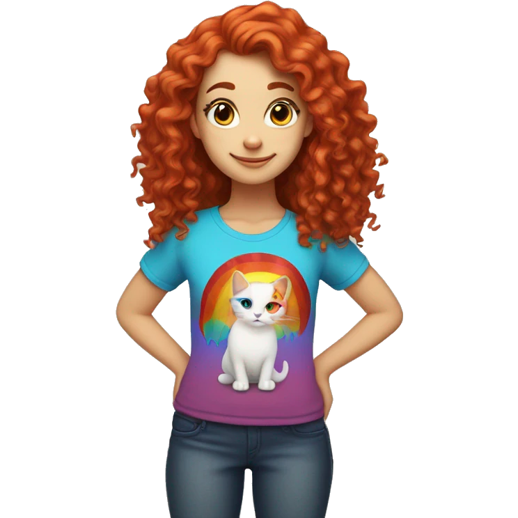 white girl with long red curly hair, wearing a rainbow cat shirt doing a pose emoji