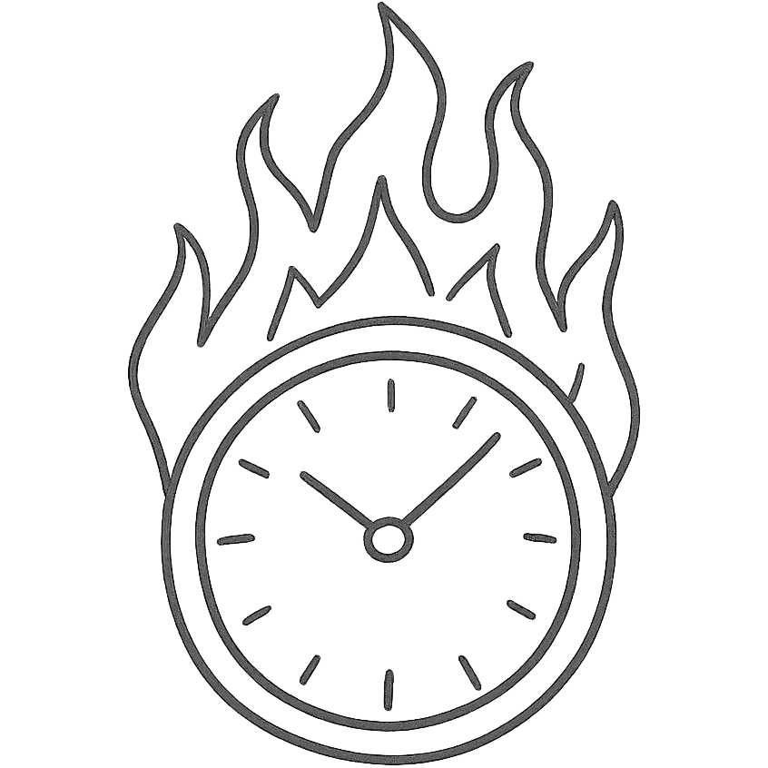 minimal hand-drawn outlined icon of a burning round clock with vivid flames, no fill emoji