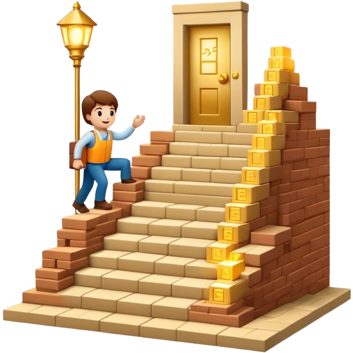 represents the habit formation process with a person stacking bricks to build a staircase, a signpost labeled "Cue → Action → Reward", and a glowing golden door at the top symbolizing success and transformation. Let me know if you need any tweaks! 🚀 emoji