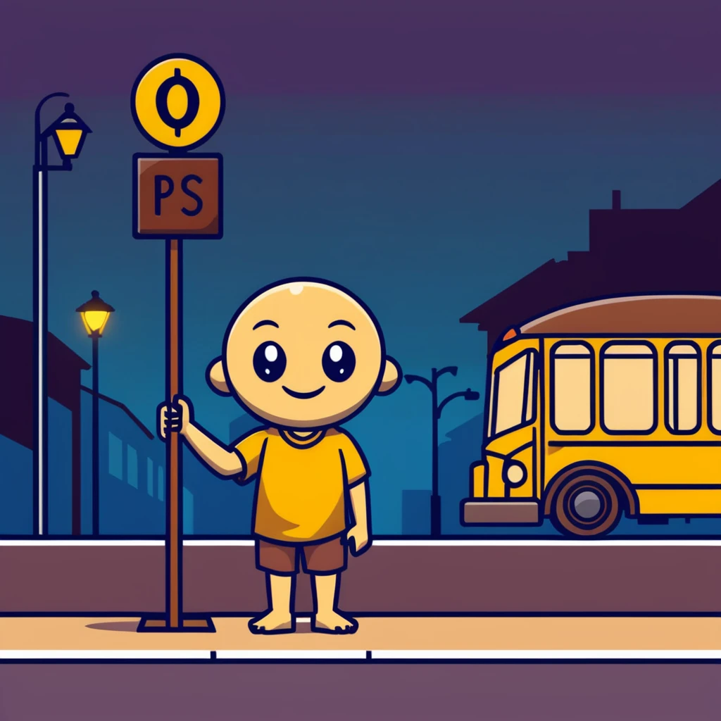 humanoid wooden club with big cartoon eyes and wide smile, barefoot, standing at a dark street bus stop under a dim streetlight, holding a bat, background sign 'Pentung Pos Ronda' emoji