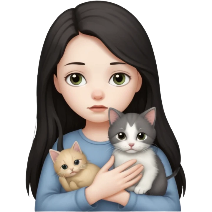 Девушка с тёмными длинными волосами сидит грустная с котёнком в руках emoji