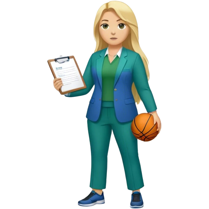 Full Body white plus size female basketball head coach using a clipboard with long blonde hair in a blue and green suit emoji