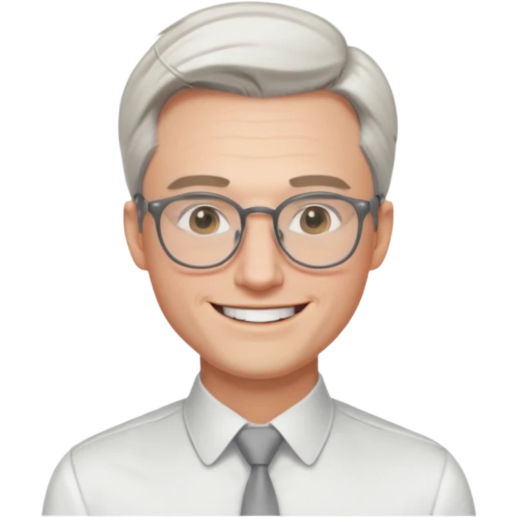 30 yr old pale white man, white/grey side swept stylish hair, round glasses, big smile, white teeth, handsome, longer hair, thin glasses, white dress shirt, smooth forehead, botox, no tie, open collar emoji