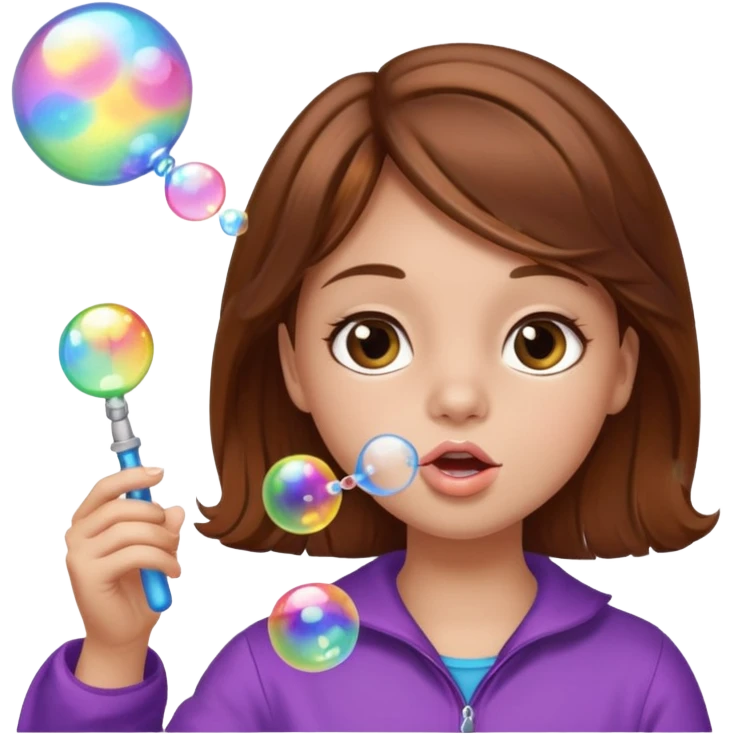 Girl blowing bubbles – Brown hair, bubble wand
 emoji