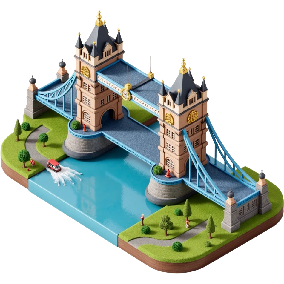 Isometric illustration of London, featuring photorealistic Tower Bridge over a section of river, highly detailed in semi-realistic style with sharp outlines, subtle brick and metal textures, soft shadows, balanced between stylized and realistic, 3D miniature effect, transparent background. emoji