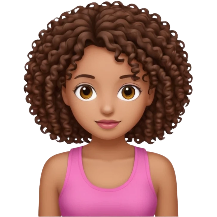 Uma menina com o cabelo cacheado é morena, e com uma regata rosa emoji
