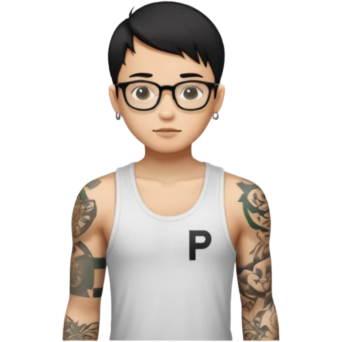 A young boy with A macbook laptop, black straight short hair, wearing glasses, wearing a tanktop, has tattoos, he is asian

Add the letters "P I F" floating around emoji