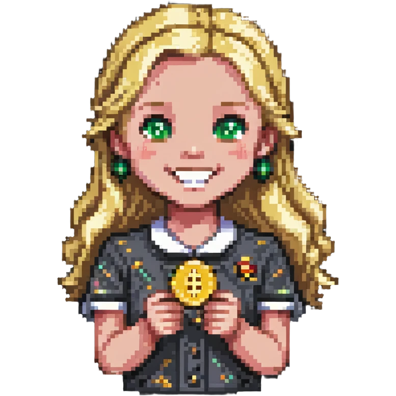 smiling blonde girl with coins emoji