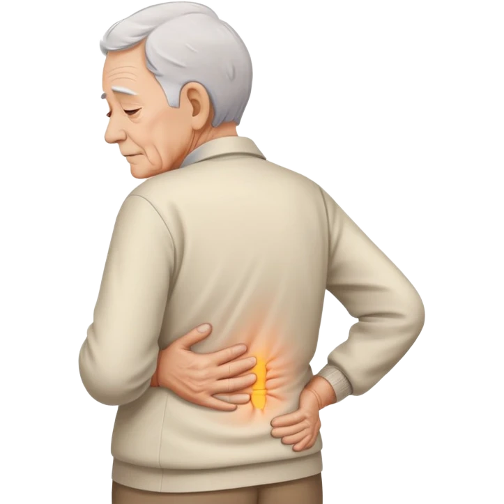 elderly person with a worried face, one hand on their back, pain lines emoji