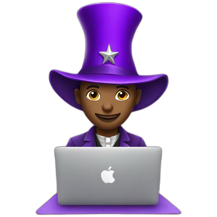 magician with a purple magic hat with a star working on a macbook emoji