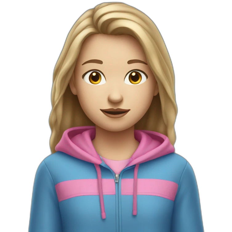 13 year old girl with dirty brownish blonde hair and blue eyes with a pink hoodie that’s not on her head emoji