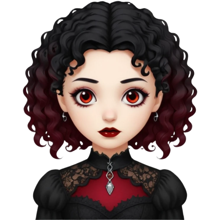 A girl with a dark red goth vampire look in a black goth lace dress with long sleeves longer black curly hair emoji