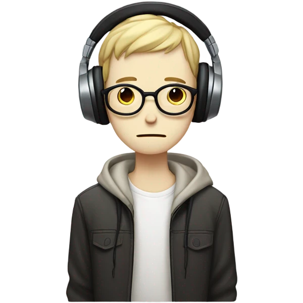 Skinny white boy with harrowed, gaunt facial features and black-rimmed glasses, wearing headphones, bemoanedly grieving and listening to music (Japan) emoji
