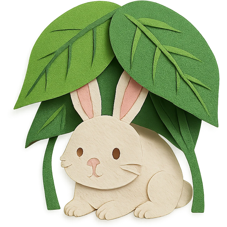 a bunny hiding under giant forest leaves, whimsical feel, paper craft style emoji