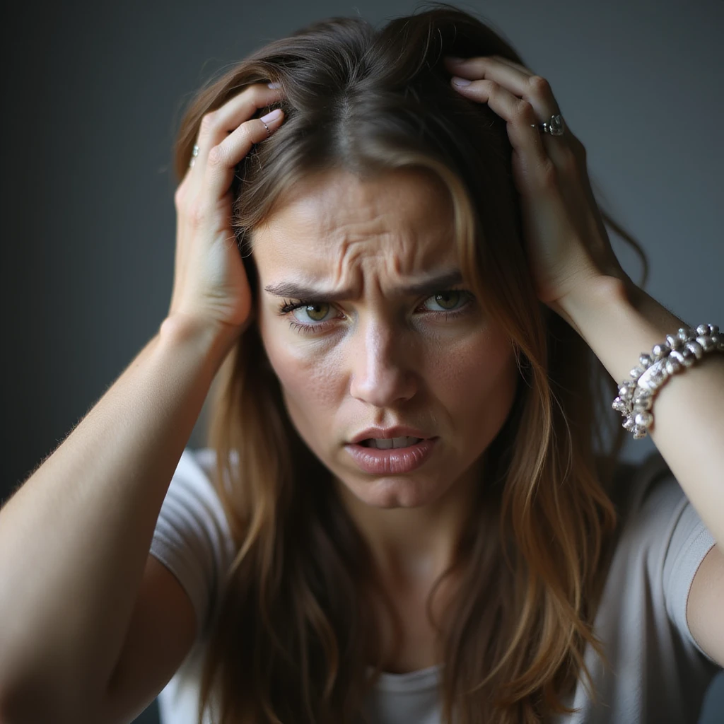 woman with hands in hair, stressed and nervous expression, hyperrealism 4K, variation 8 emoji