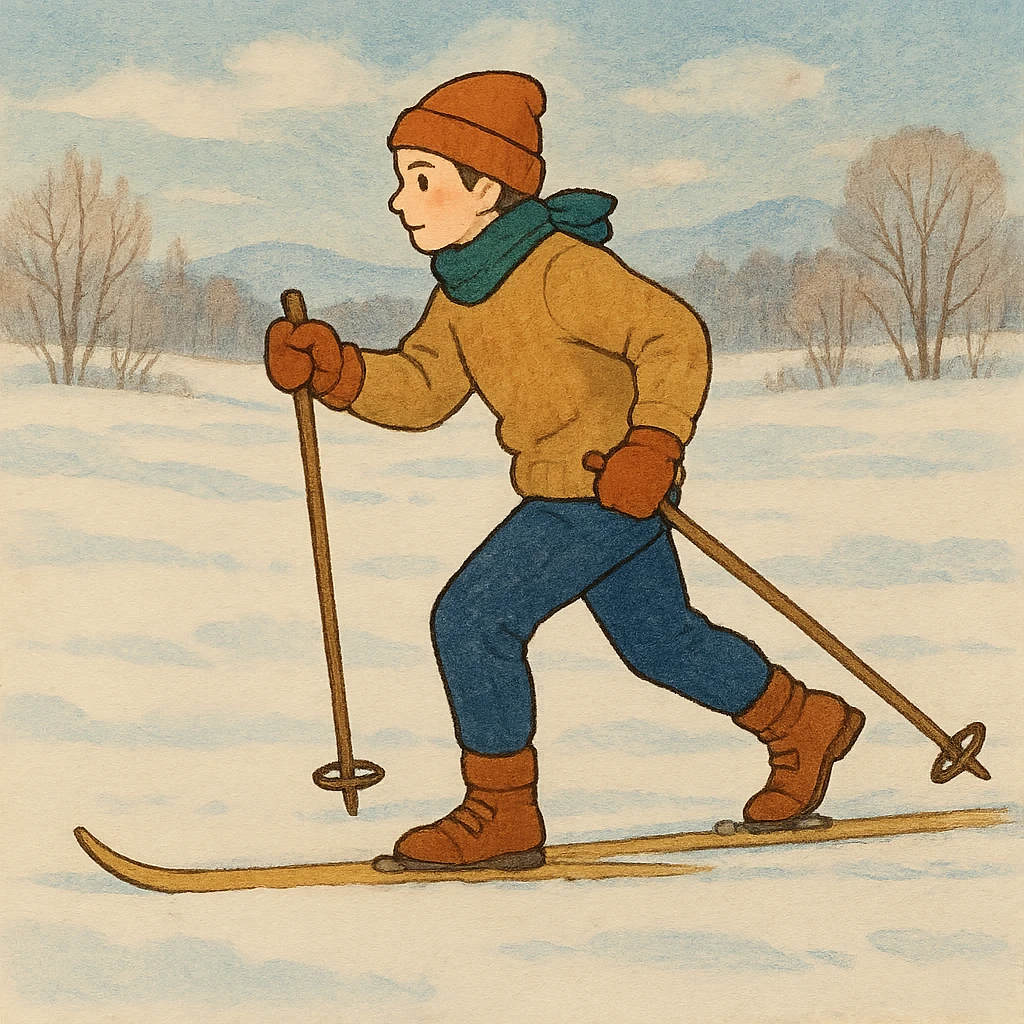 Ghibli style icon of a cross-country skier, serene snowy field, detailed clothing, gentle animation feel emoji