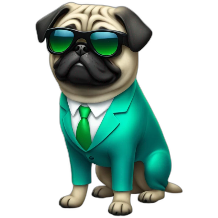 dog pug-in-gradient-green-blue-suit-with-and-black-sunglasses-standing-with-black-shoes emoji