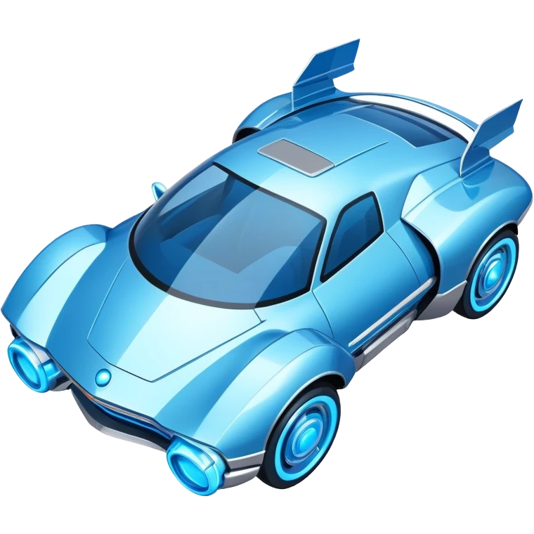Top-down view of futuristic retro hover car with angular design and glowing blue wheels, flat vector style, minimal color palette with blue highlights emoji