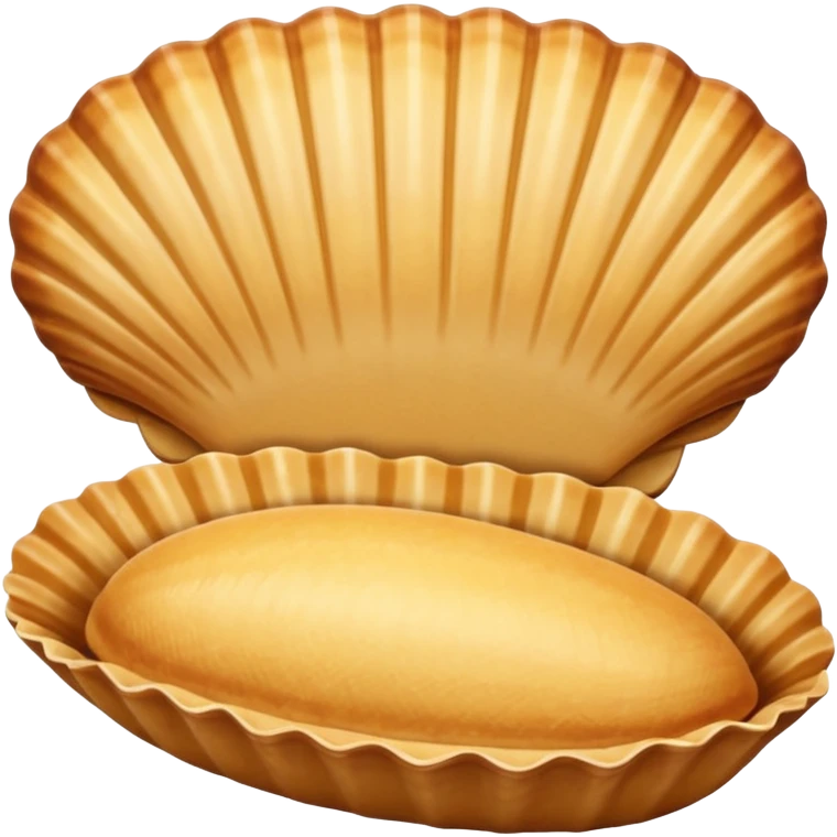 A madeleine pastry. Oval seashell shape with ONLY four to five vertical lines going in the same direction. Light golden brown. Scalloped edge. Cookie. Flat. Long. Oval shape. Lets scallops. Only four or five scalloped lines. Oblong shape. More length. Less roundness. More vertical length emoji