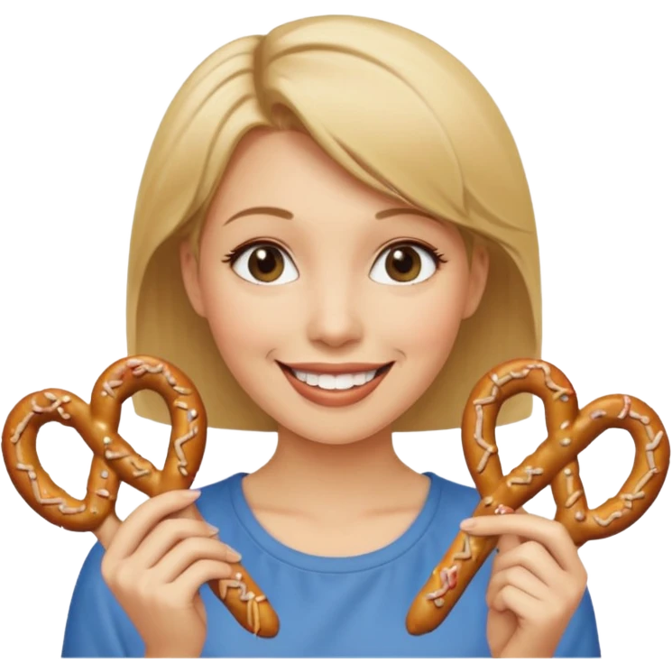 Short, Straight, Dirty blond hair, fair skin, woman holding pretzels and winking emoji