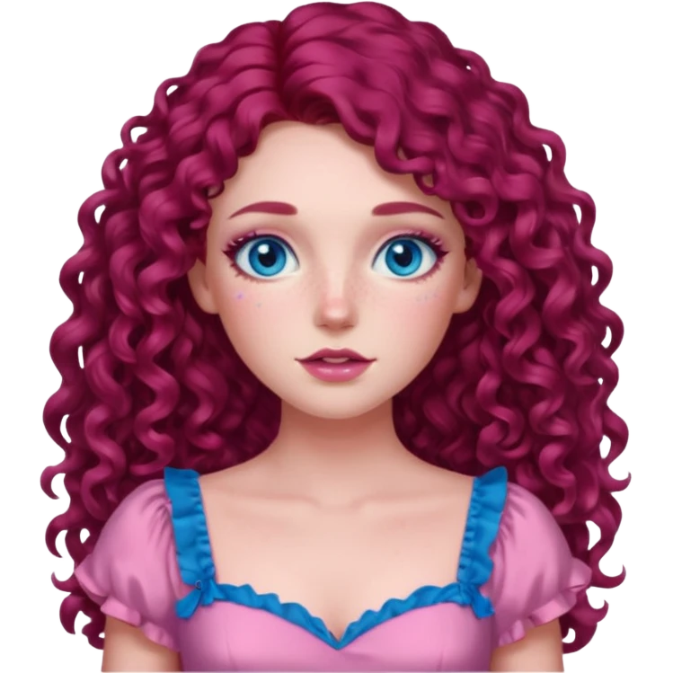 Chappell Roan long dark red curly hair, blue eyes, pink eyeshadow and lip, pink dress emoji