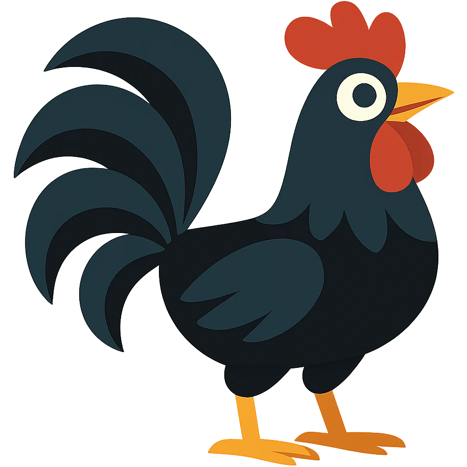 black rooster with exaggerated large tail, bold look, vibrant toon style emoji