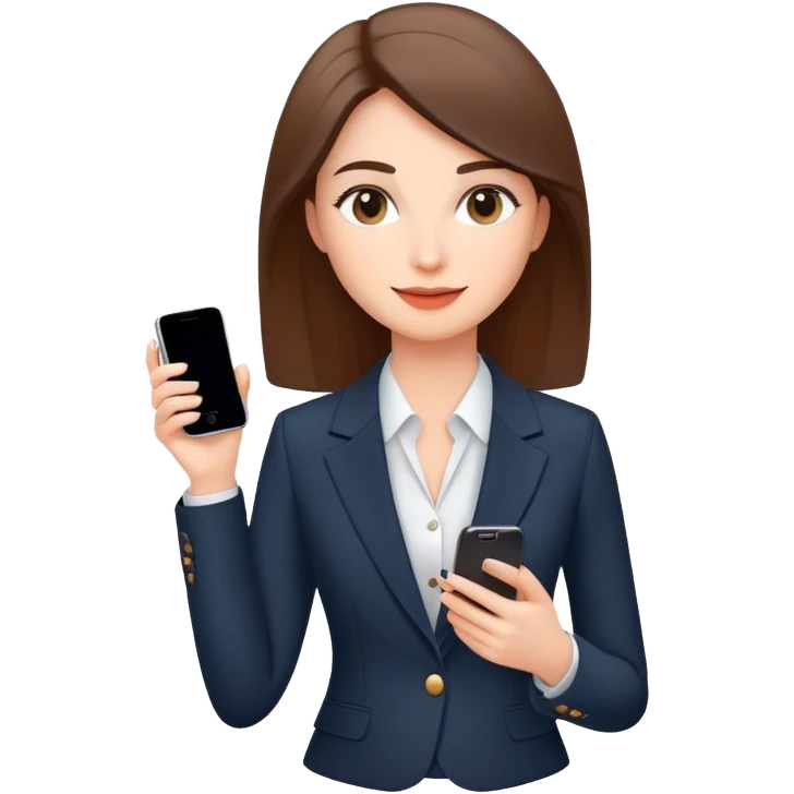 a woman in an elegant classic suit with a slight smile. Her makeup is natural, and she looks busy, for example, holding a phone in her hand. emoji