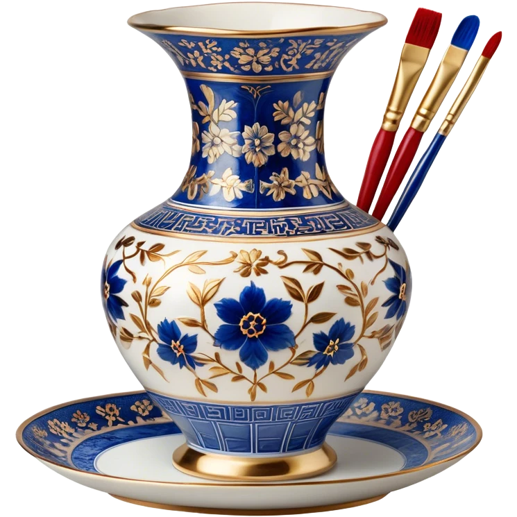 Metal painting icon, a metal object (such as a vase or plate) featuring a combination of Gzhel blue floral patterns, Chinese intricate red and gold designs, and delicate Gold Thread embroidery techniques, visible fine paintbrushes, gold thread, and paint pots, no finished artwork, just the painting process, minimalistic style, clean lines, transparent background. emoji