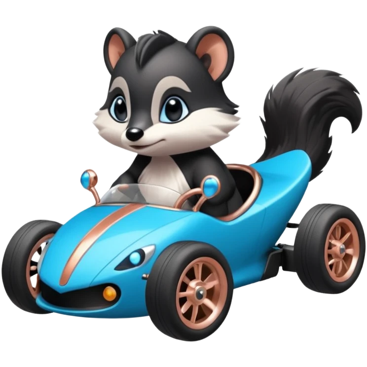 dark crystal blue and rosegold-accented faceted-body electric racing car driven by a small cute but fearless baby skunk with rear spoiler, roll bar, and wheely bar emoji