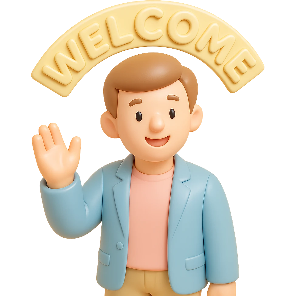 human character, center-frame, casual smart clothing in pastel blues, pinks, and neutrals, warm smile, one hand raised in a wave, stylized 'Welcome' banner behind, isometric perspective, soft diffuse studio lighting, subtle shadows, light depth of field, smooth rounded shapes, realistic skin texture, clean polished surfaces, modern minimalistic setting emoji