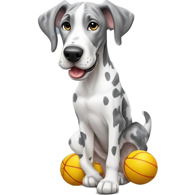 Gray and white harlequin Great Dane playing with toy emoji