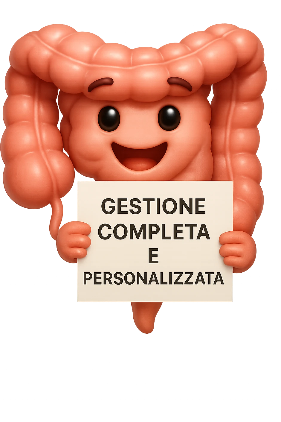 emoji stile iphone di un intestino umano anatomico ED ESPRESSIONE FELICE MENTRE LEGGE con foglio in mano con la scritta "GESTIONE COMPLETA E PERSONALIZZATA"
IPERREALISTICO 4K emoji