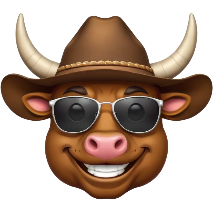 smiling bull head with prominent horns, dark sunglasses, and cowboy hat emoji
