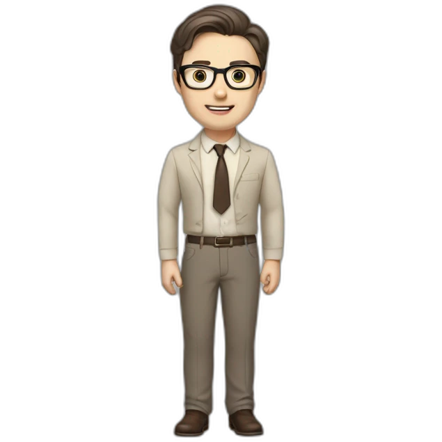 Full height Pale skinned fit man with dark brown hair in gray jacket, beige office shirt, brown tie, brown pants and vintage glasses. His right hand stretched out emoji