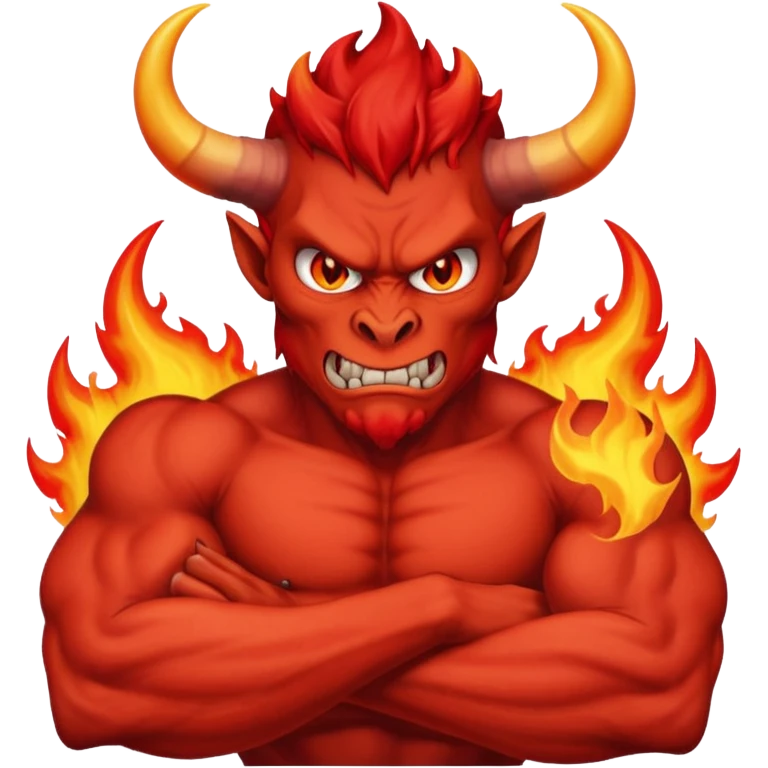 a Red devil, short horn Devil with flaming eyes, crossing arms emoji