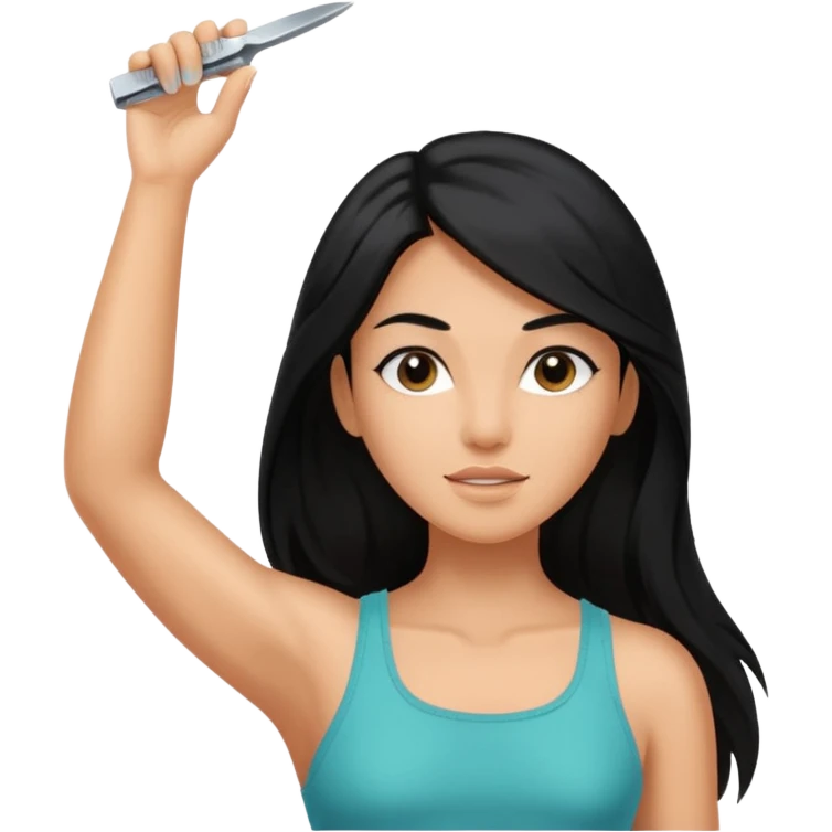 woman black long hair showing armpit and grabing razor emoji