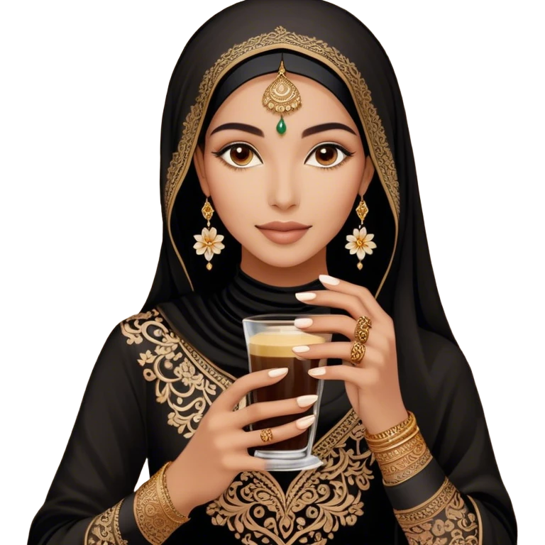 A delicate hand adorned with intricate floral henna designs holds a traitional glass of Arabic coffee. The deep brown henna contrasts beautifully with the rich embroidery of the black outfit, which features shimmering floral patterns. A gold ring and dark nail polish add elegance to the aesthetic. emoji