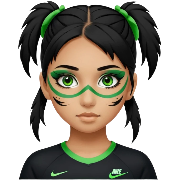 cute teenage girl, cute athletic Nike clothes, tan skin, green eyes, black hair, face paint, very long eylashes emoji