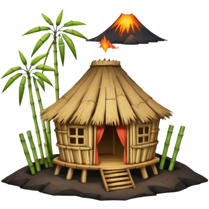 bamboo hut with volcano in the back in Volcano Island  emoji