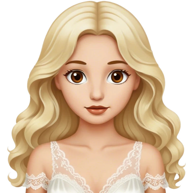 Blonde model with brown eyes, long wavy hair, honeymoon, white silk and lace dress emoji