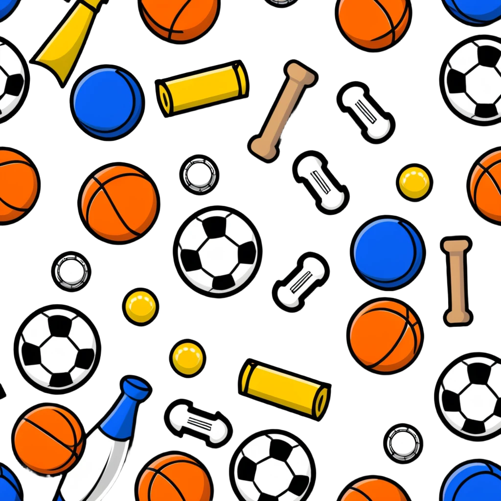 Multiple sports balls and equipment exploding outward in a boom emoji