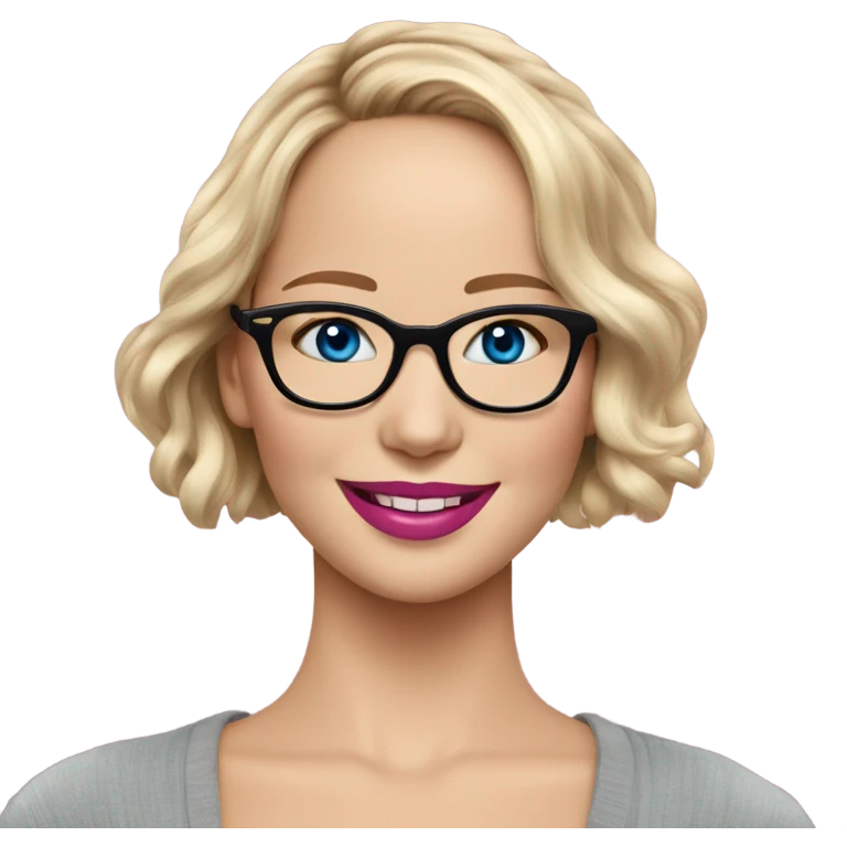 Happy Jennifer Lawrence,  blue eyes wearing glasses and pink lipstick  emoji
